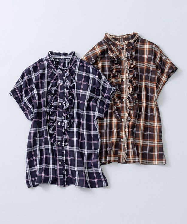 組曲 シアーツイルチェック フリルブラウス アプリコットブラウン系3