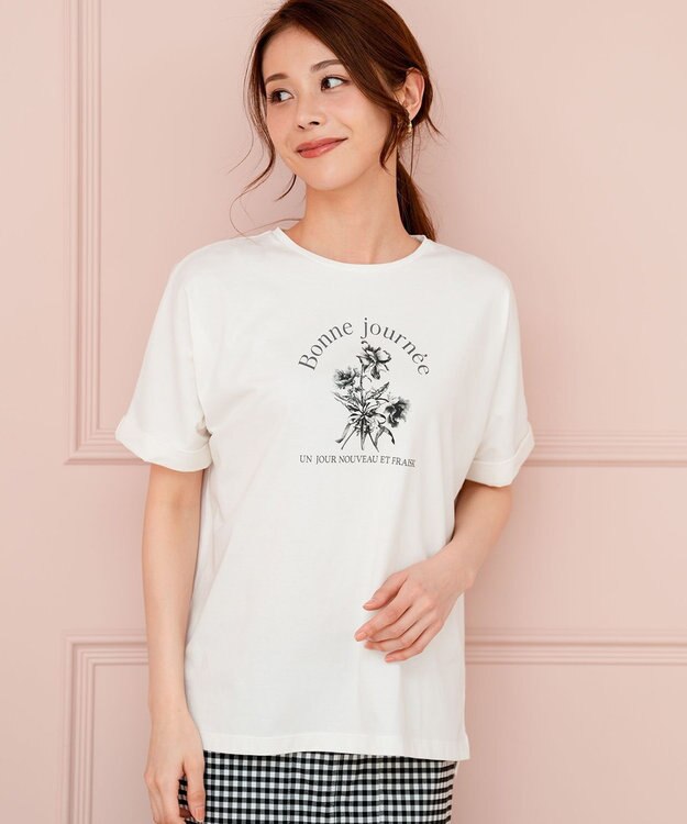 ANY SIS フラワープリント ロゴＴシャツ オフ