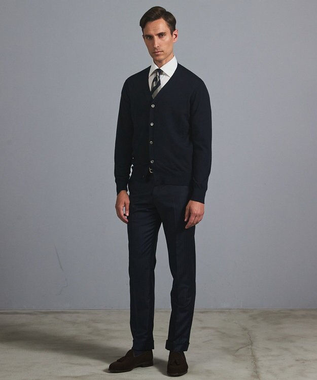 GOTAIRIKU 体温調整に【洗える/チクチクしにくい/ピリングしにくい】イタリア糸 ハイゲージ カーディガン_WOOL100% ネイビー系