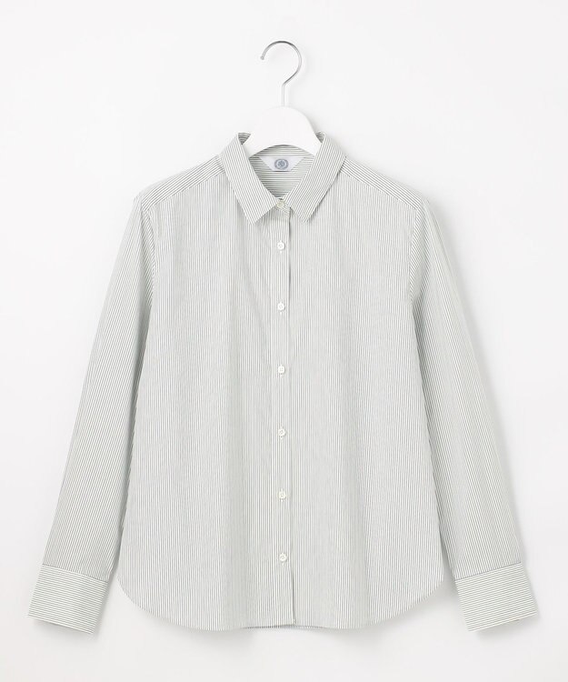 J.PRESS LADIES 【洗える】BEZコットンナイロン ストライプ シャツカラー ブラウス グリーン×ネイビーストライプ系1