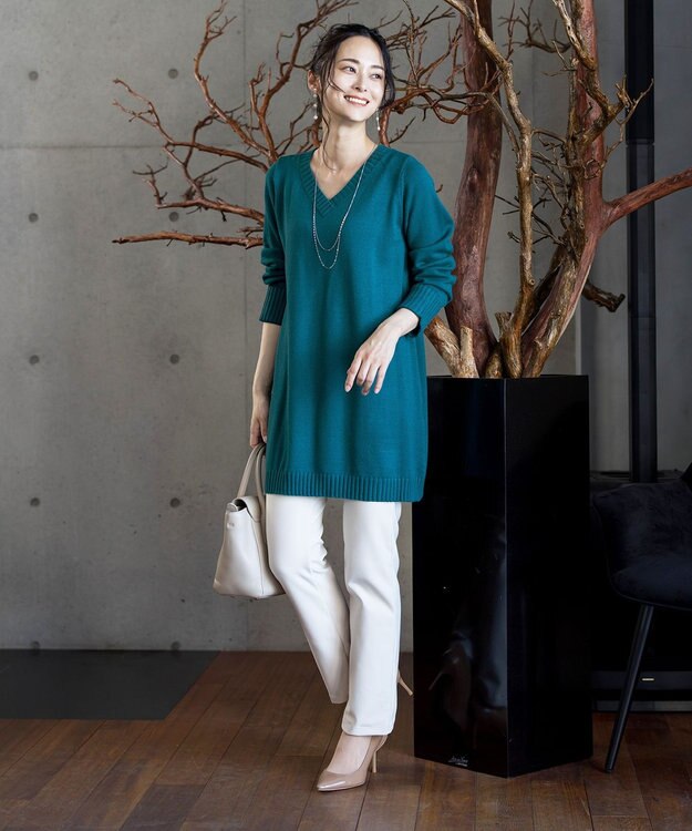 Tiaclasse 【洗える】Vネックリブニットチュニック ターコイズ