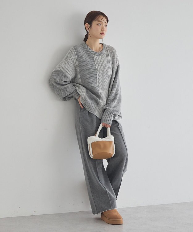 earth music&ecology 【洗濯機洗い可】アンチピリングC/Aパッチワークケーブルニット 杢グレー