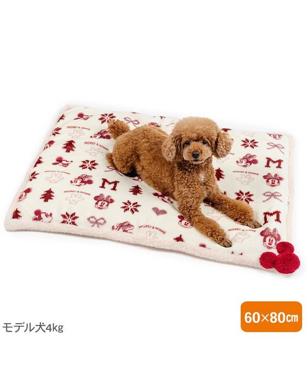 PET PARADISE ディズニー ミッキーマウス 遠赤外線 ボア マット 《ニット柄》 ホワイト×レッド