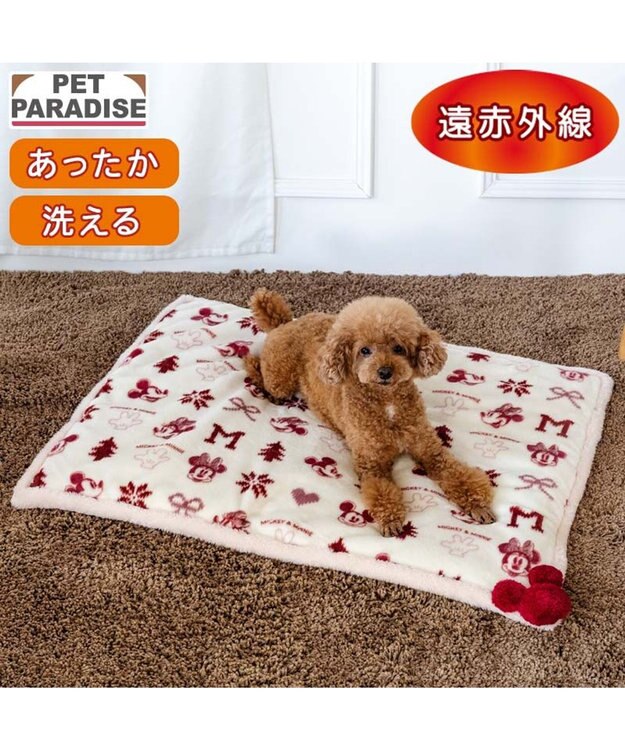 PET PARADISE ディズニー ミッキーマウス 遠赤外線 ボア マット 《ニット柄》 ホワイト×レッド