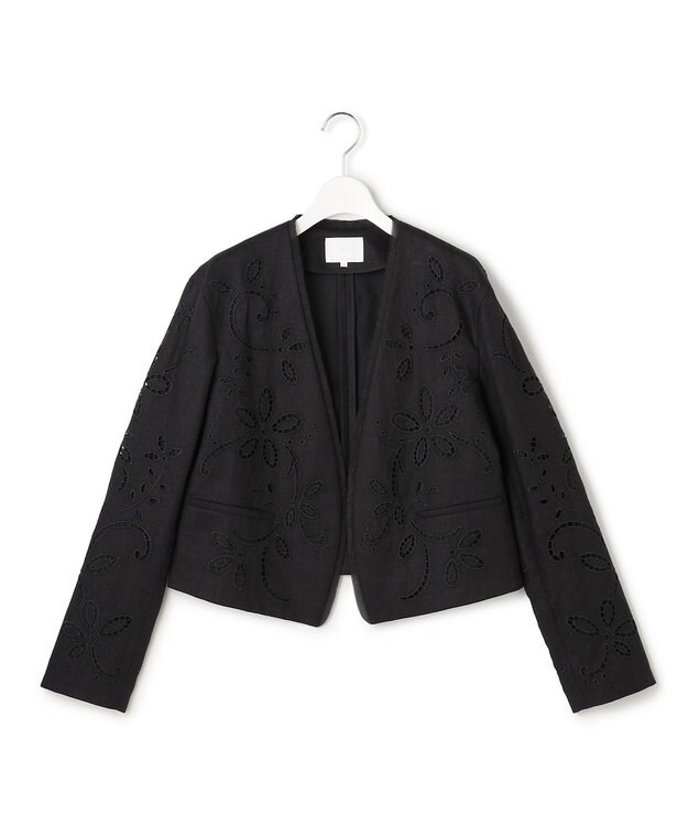 23区 【GOLD LABEL/見上愛さん着用】リネンエンブロイダリー ノーカラージャケット ブラック系