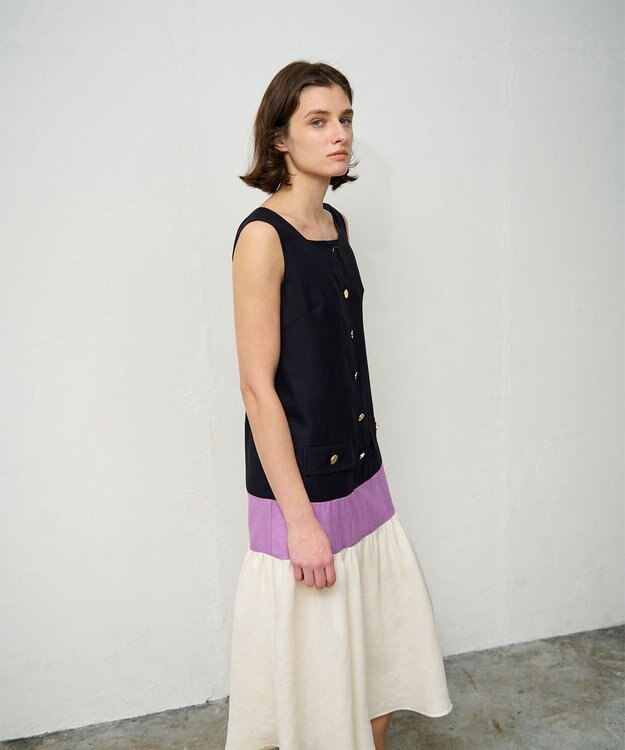 GRACE CONTINENTAL リネンタッチ配色ワンピース ネイビー