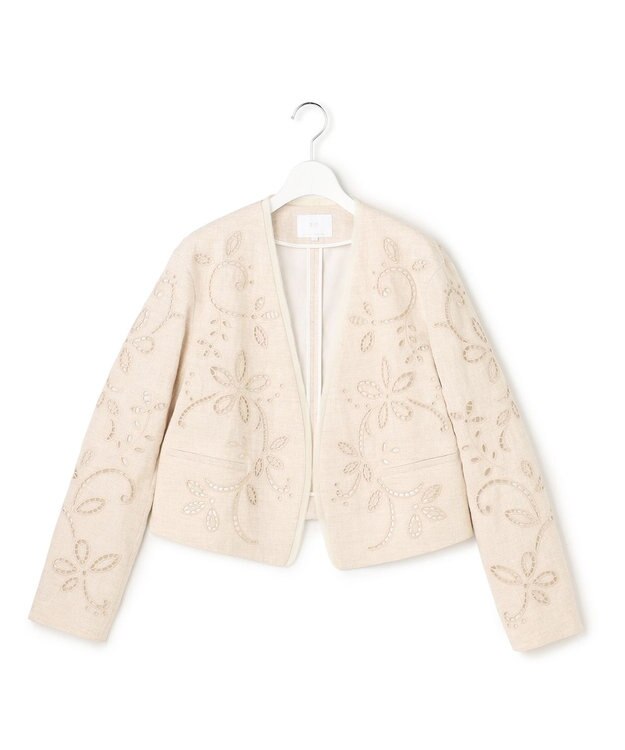 23区 【GOLD LABEL/見上愛さん着用】リネンエンブロイダリー ノーカラージャケット ベージュ系