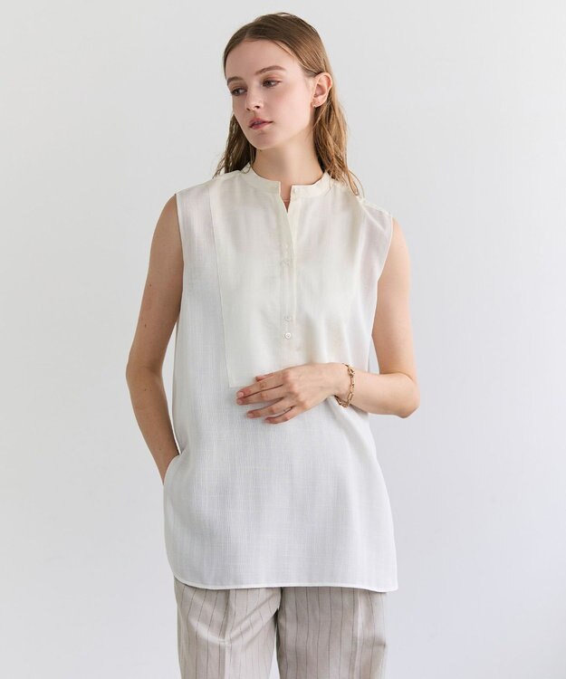 BEIGE， GOSHE / サテン切替 シアースタンドブラウス Ecru