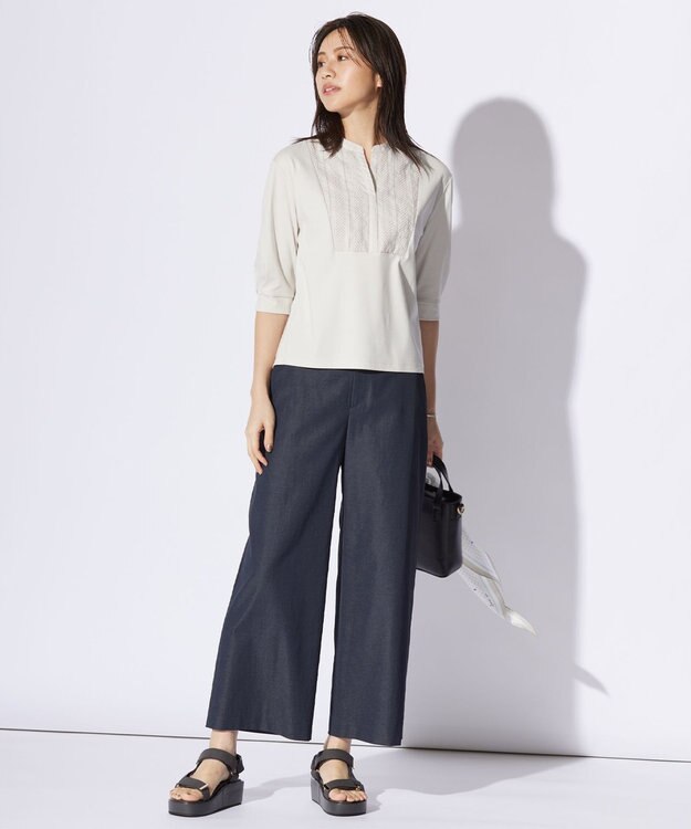 J.PRESS LADIES 【洗える・吸水速乾】麻シェルドライ セミワイド パンツ ネイビー系