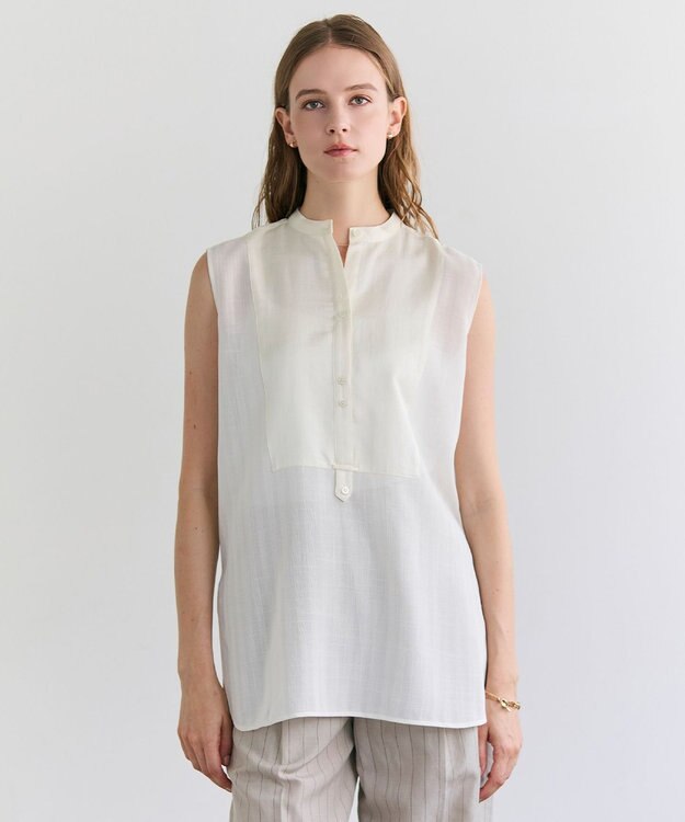 BEIGE， GOSHE / サテン切替 シアースタンドブラウス Ecru