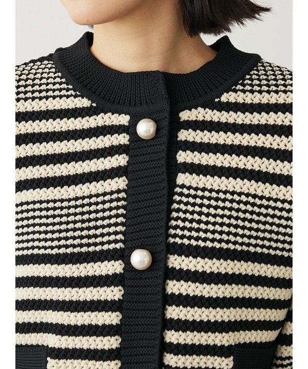 Green Parks ・ＥＬＥＮＣＡＲＥ　ＤＵＥ　パール釦カーディガン Border Black