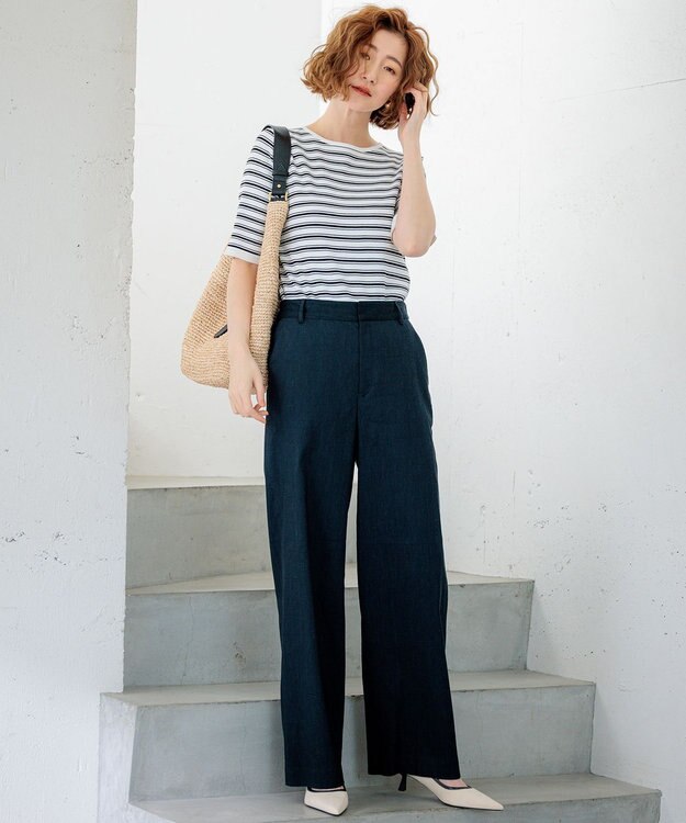 23区 S 【洗える】レーヨンポリエステルストレッチ 5分袖 ニット オフホワイトxブラックボーダー