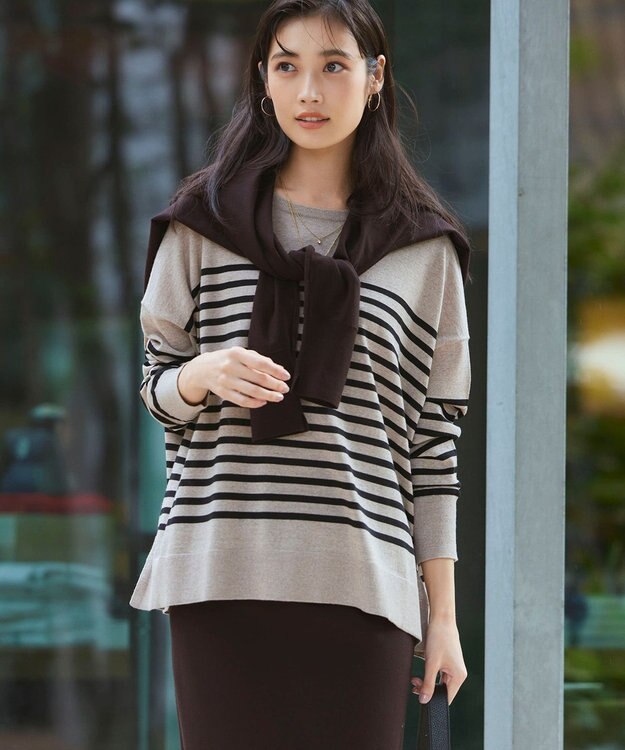 23区 L 【WEB限定カラーあり/洗える】ウーステッドウール ワイドシルエット ニット [WEB限定]ベージュ×ブラック