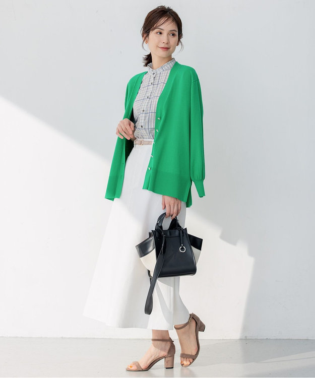 組曲 【ビジューボタン・アンサンブル対応】ハイゲージ ロングVネックカーディガン ダークグリーン系