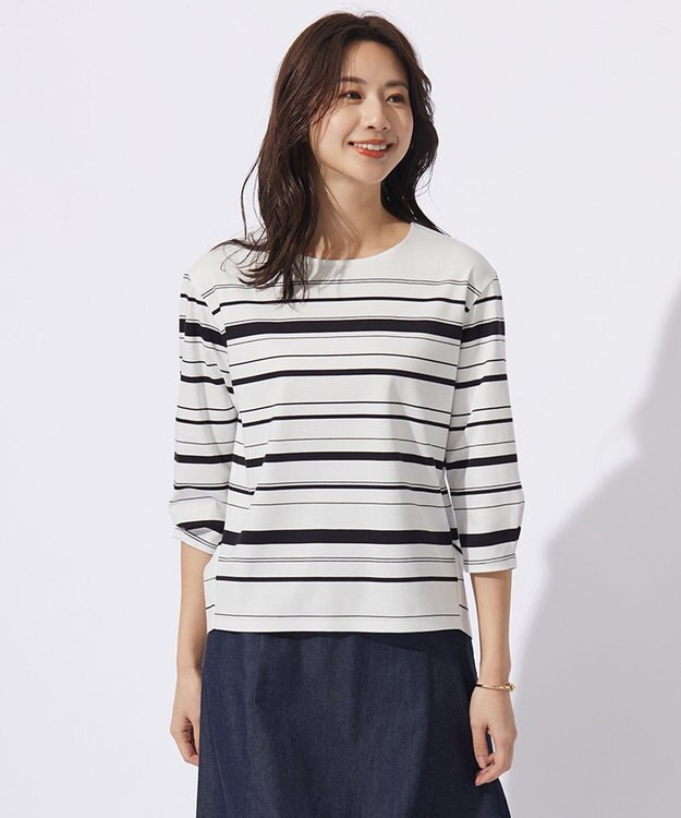 J.PRESS LADIES 【洗える】ポンチボーダー カットソー ホワイト×ブラック系1