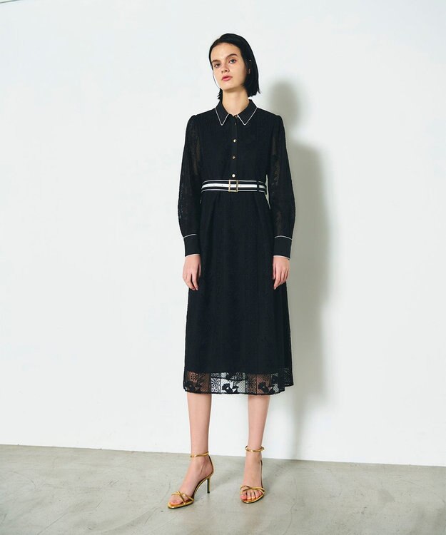 GRACE CONTINENTAL ストライプフラワー刺繍ワンピース ブラック