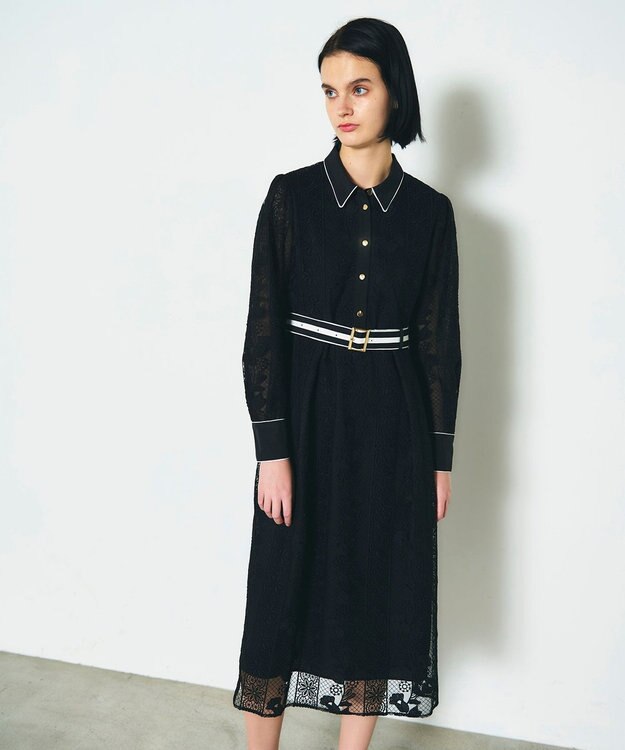 GRACE CONTINENTAL ストライプフラワー刺繍ワンピース ブラック