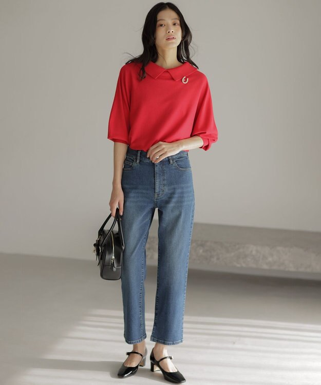 組曲 【加藤ローサさん着用・新色追加・前後着用可】スムースストレッチロールネック ニット レッド系