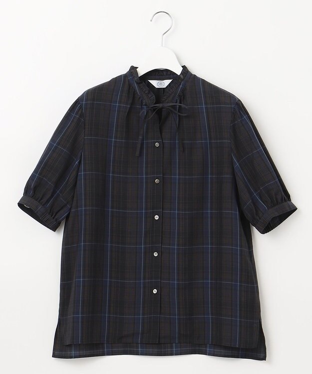 J.PRESS LADIES 【洗える】キュプラチェック フリルスタンドカラー ブラウス ネイビー系3