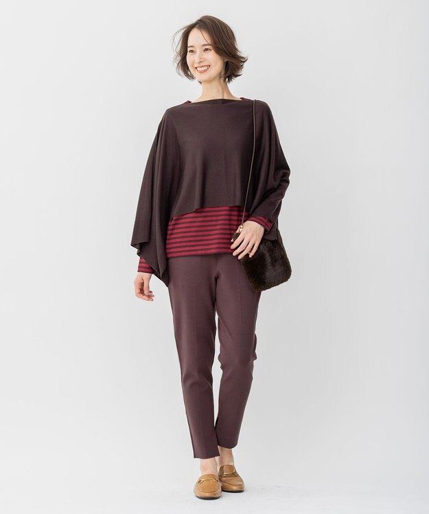 自由区 【洗える/セットアイテム】マルチWAYコンビ ニットポンチョ×プルオーバー ブラウン系ボーダー