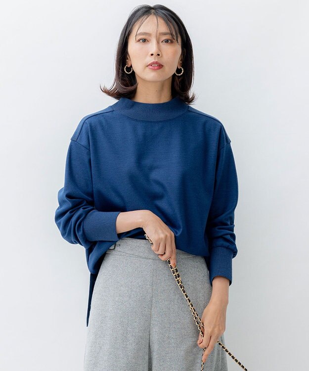 23区 【洗える】ウールミルドジャージー ボトルネック プルオーバー ダルブルー系