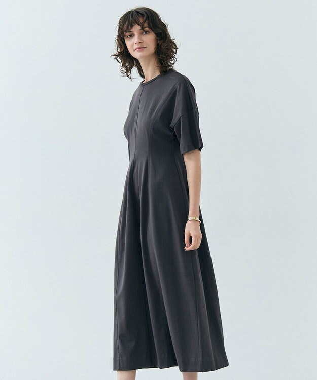 BEIGE， 【洗える】GLANTHUS / コットンカーブラインロングフレアワンピース Slate