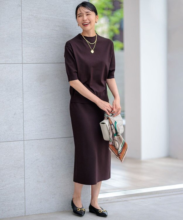 23区 S 【洗える】ヴィスコースストレッチ 半袖 ニット ダークブラウン系