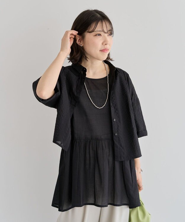 Green Parks Ｉ　ＳＥＴ２点　ギャザーシャツ＋布帛インナー Black