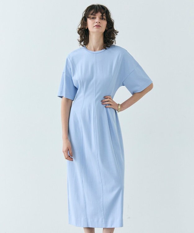 BEIGE， 【洗える】GLANTHUS / コットンカーブラインロングフレアワンピース Sax