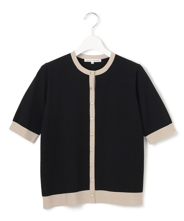 23区 S 【WEB&一部店舗限定/洗える】レーヨンポリエステルストレッチ 半袖 カーディガン ブラック×ベージュラメ