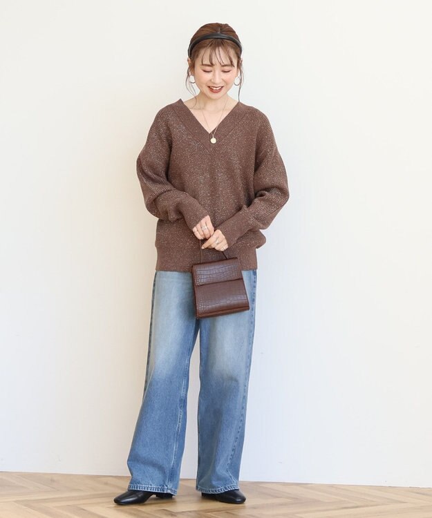 AMERICAN HOLIC ラメ入りＶネック片畦ニットプルオーバー Mocha