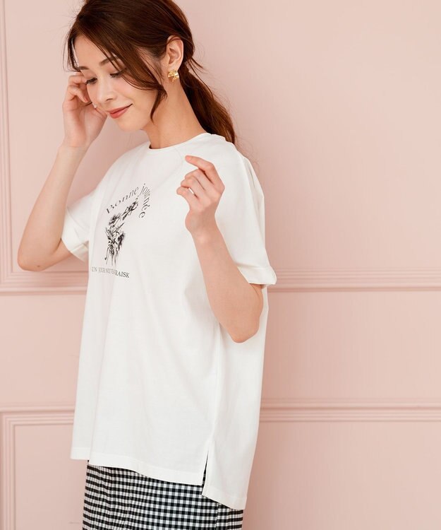 ANY SIS フラワープリント ロゴＴシャツ オフ