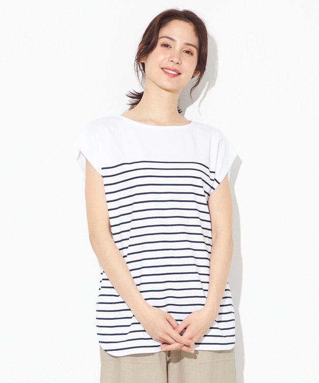 ANY 【接触冷感・UVケア】TCオーガビッツボーダー Tシャツ オフ×ネイビー