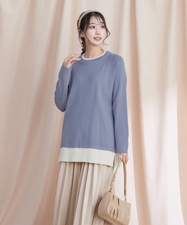 Tiaclasse 【洗える】重ね着風配色ニットチュニック ブルー