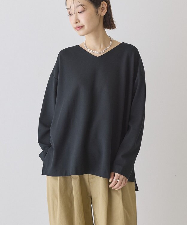 AMERICAN HOLIC Vネック裾異素材ポンチプルオーバー Black