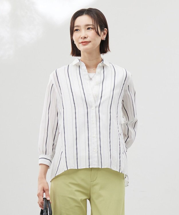 J.PRESS LADIES L 【洗える】SHEERストライプ ペプラム シャツ ブラウス ホワイトストライプ系