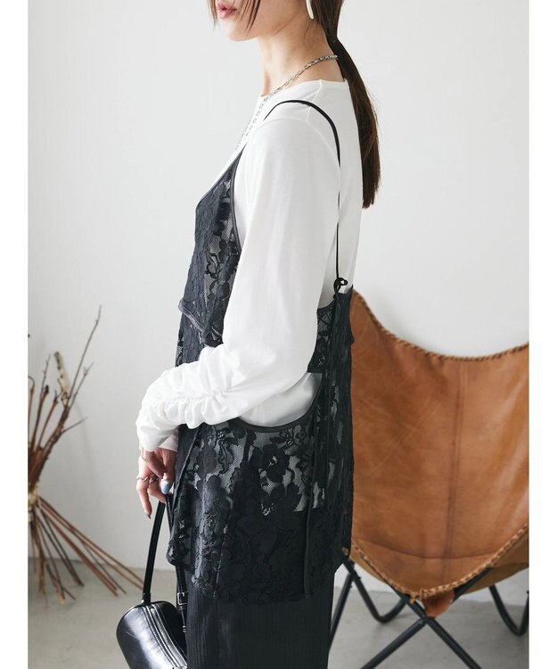 Green Parks AnriettMusee シャーリングスリーブＴシャツ＋レースキャミソールＳＥＴ Black
