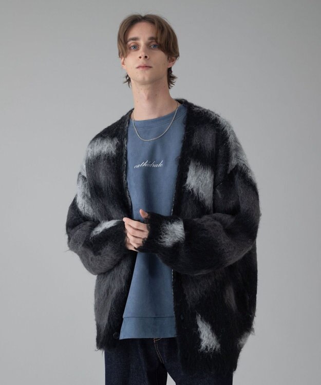 WEGO 【ユニセックス着用ITEM/MLサイズ展開】モヘアタッチパターンカーディガン ブラック