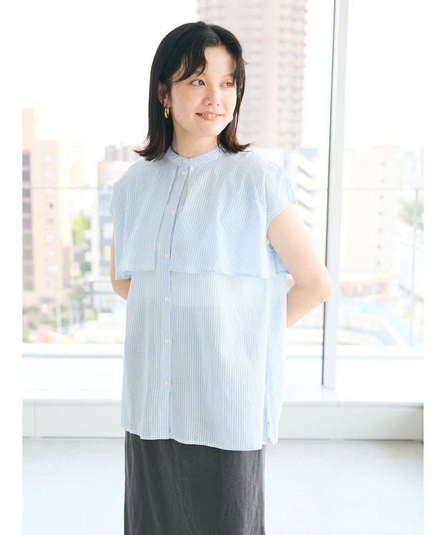 CRAFT STANDARD BOUTIQUE インド綿フリルブラウス Stripe Sax