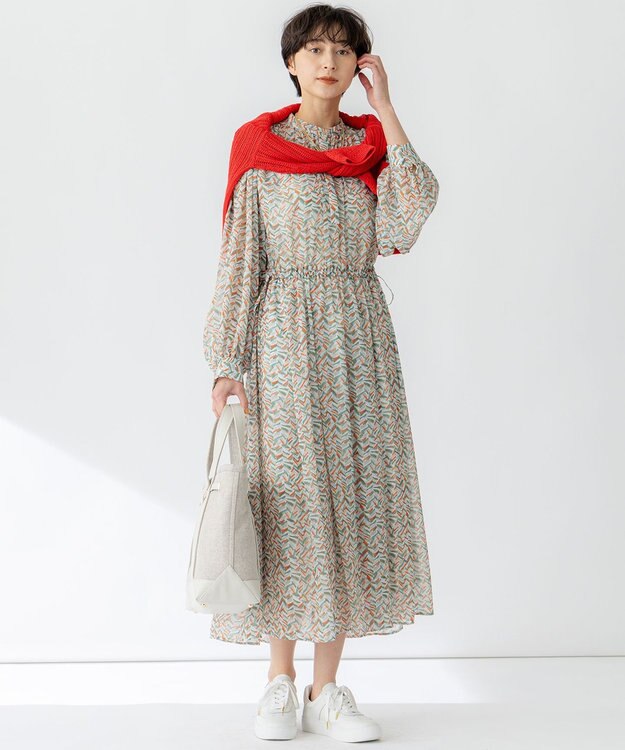 23区 S 【洗える】シアーヘリンボーンプリント ワンピース オレンジプリント