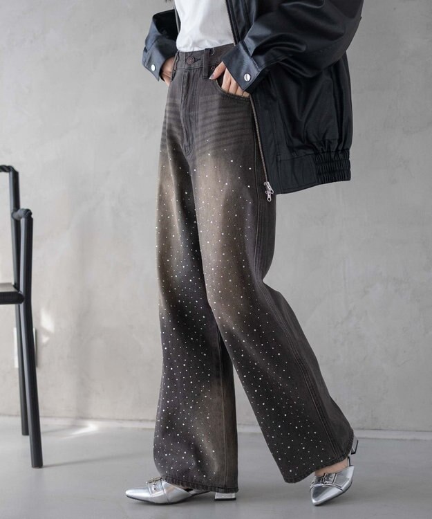 WEGO ラインストーンストレートデニムパンツ ブラック