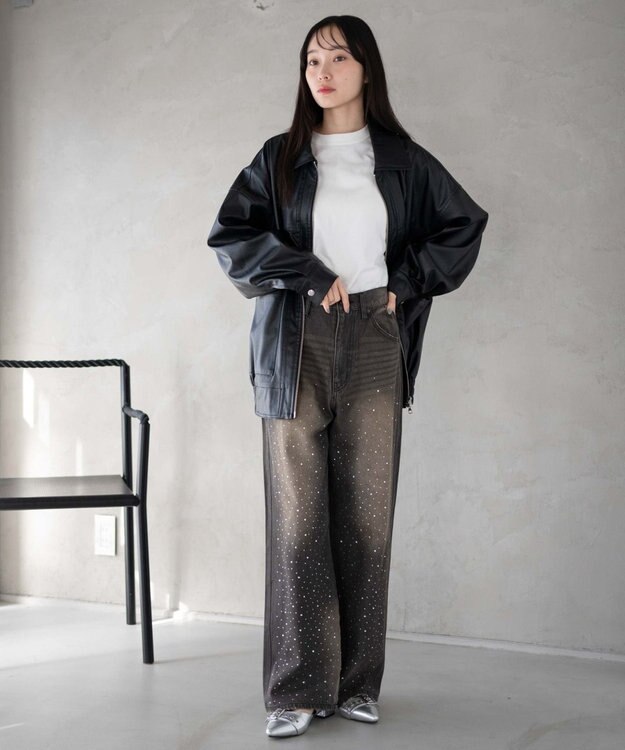 WEGO ラインストーンストレートデニムパンツ ブラック