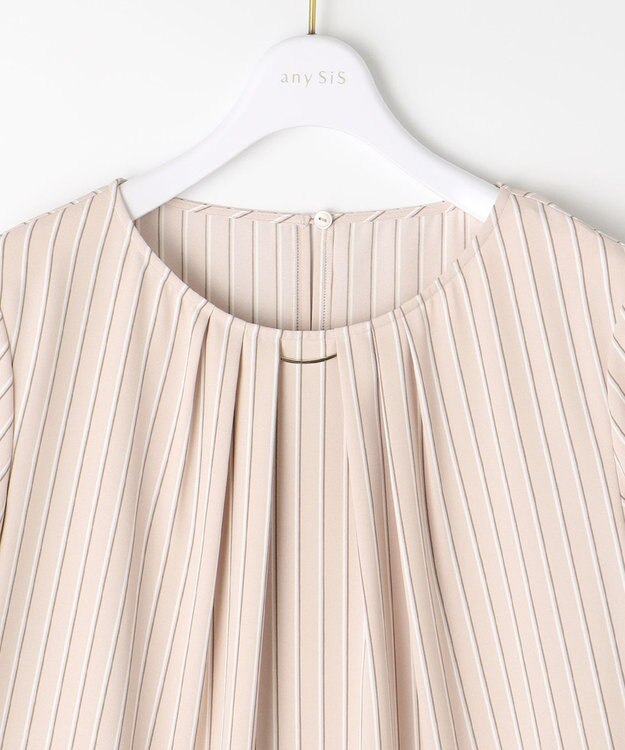 ANY SIS S 【洗える】ラッフルフレアジョーゼット ブラウス ローズグレーストライプ