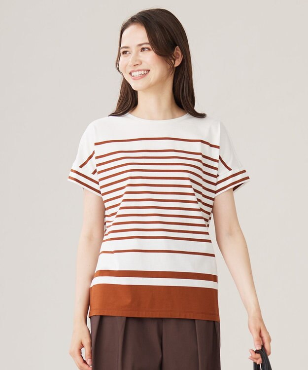 自由区 L 【洗える】ハイカウントボーダー カットソー オフ×コッパー