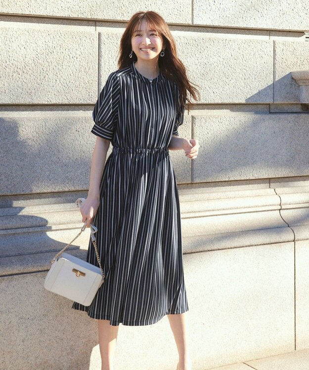 ANY SIS 【接触冷感・吸水速乾・UVケア】エアリードレープスムース ワンピース ネイビーストライプ