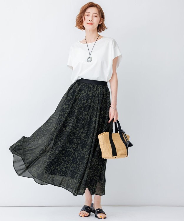 23区 L 【洗える】ボタニカルプリント フレア スカート カーキ×ネイビープリント