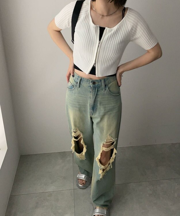 WEGO ダブルジップオフショルニットトップス オフホワイト