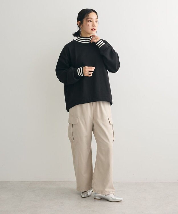 Green Parks 配色リブニットドッキング裏起毛プルオーバ Black