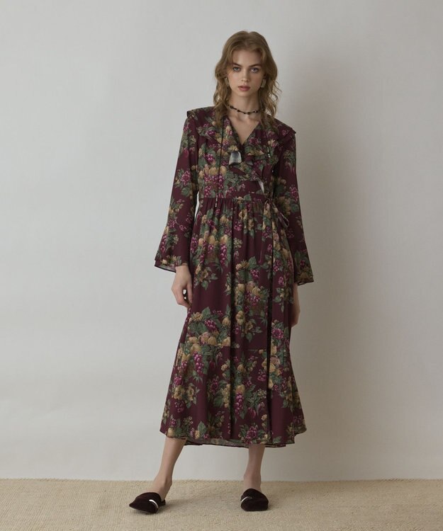 GRACE CONTINENTAL ボタニカルベリープリントワンピース ボルドー