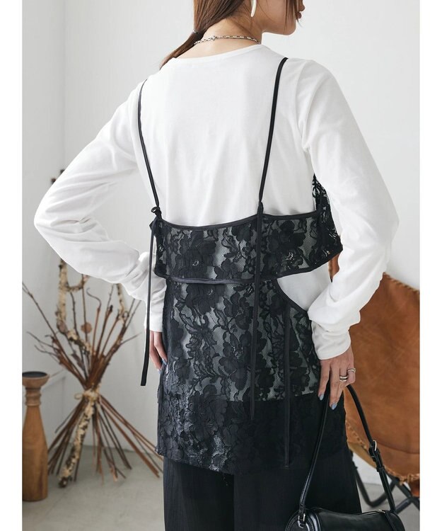 Green Parks AnriettMusee シャーリングスリーブＴシャツ＋レースキャミソールＳＥＴ Black